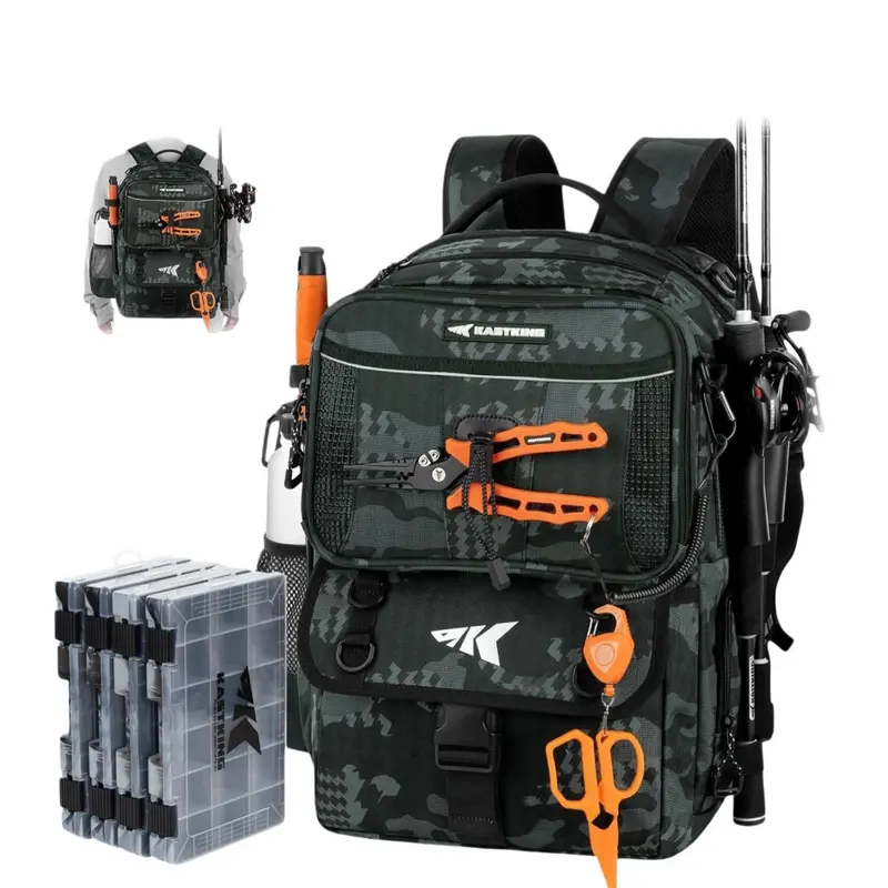 KastKing BaitSpace 50L Fishing Tackle Backpack with Removable Bait Binder & 4 Tackle Boxes, Rod Holders Storage Fishing Gear