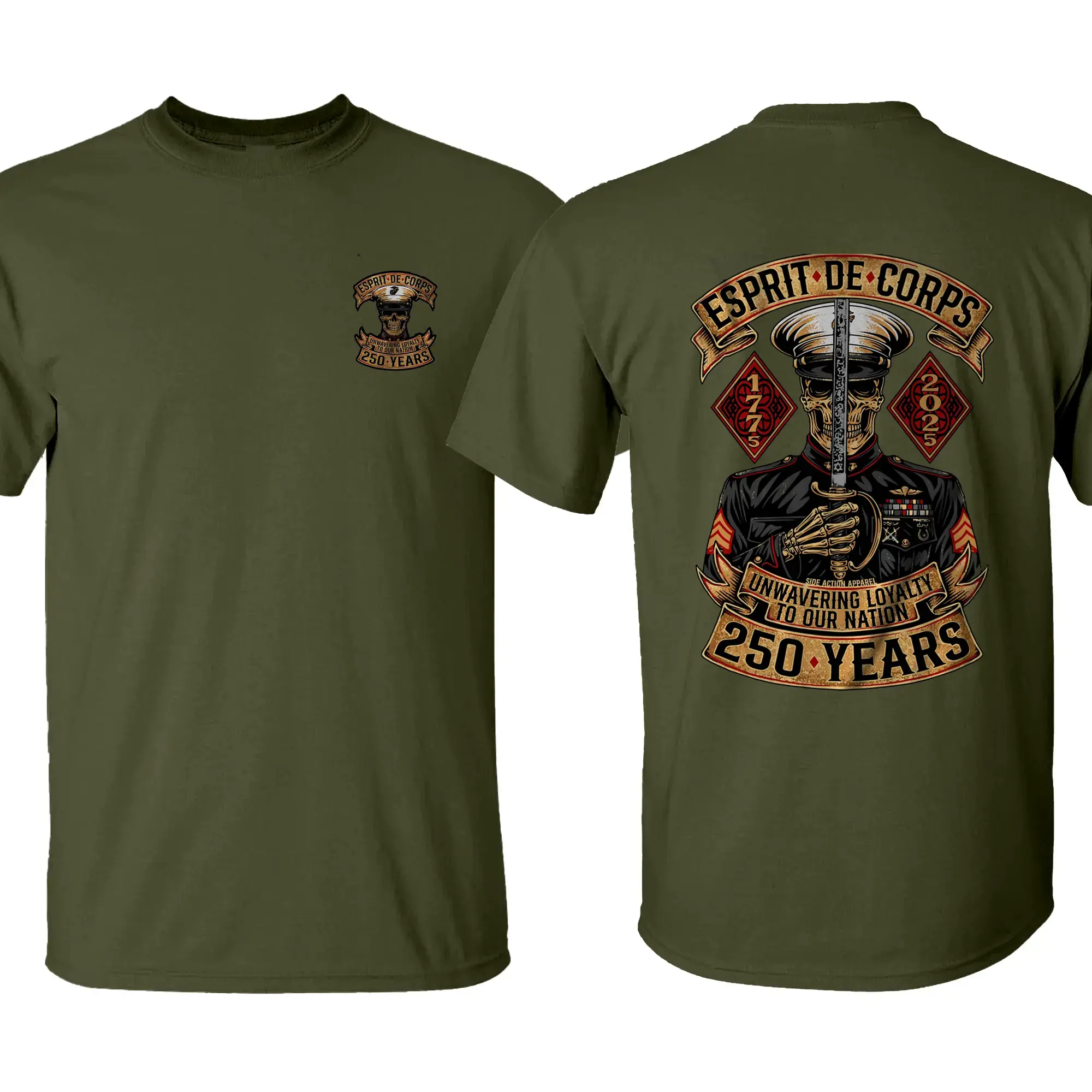 Esprit De Corps - Unwavering loyalty to our Nation 250 Years Side Action Tee, Patriotic Military Graphic Tee, Perfect Gift for Veterans and Soldiers, Unisex Cotton Short Sleeve Shirt for Daily Wear, Outdoor Activities & Casual Street Style