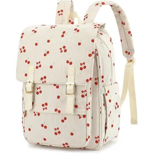 Women Laptop Backpack, Corduroy 15.6" Travel Backpack for Work College Business, Teacher Nurse Bag with Large Capacity School Bookbag Bags for Girls - Cherry Bow Beige