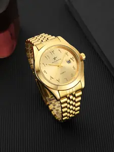 RICECGO 1pc men's quartz watch, an Arabic numeral watch, features an and a golden stainless steel strap that displays the date. It is a fashionable jewelry accessory and an ideal gift for men, Business Quartz Watch