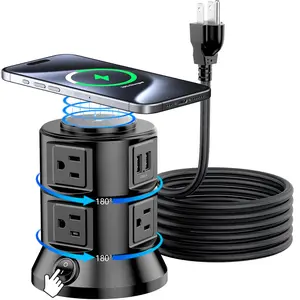 USB Power Strip Tower with Wireless Charger, Flat Plug Surge Protector with 6FT Extension Cord, 6 AC Multiple Outlets 4 USB Port
