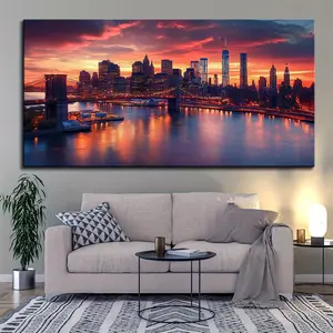 1.5 inch thick solid pine wood frame, Brooklyn Bridge Mural, New York Night Scene Image, Modern Manhattan Skyline Photo, Living Room and Office Decor