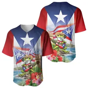 Puerto Rico Baseball Jersey Cute Frog Guitar Player PR Flag Star Tropical Flower Unisex Oversized Summer Streetwear Casual Button Down Festival Shirt