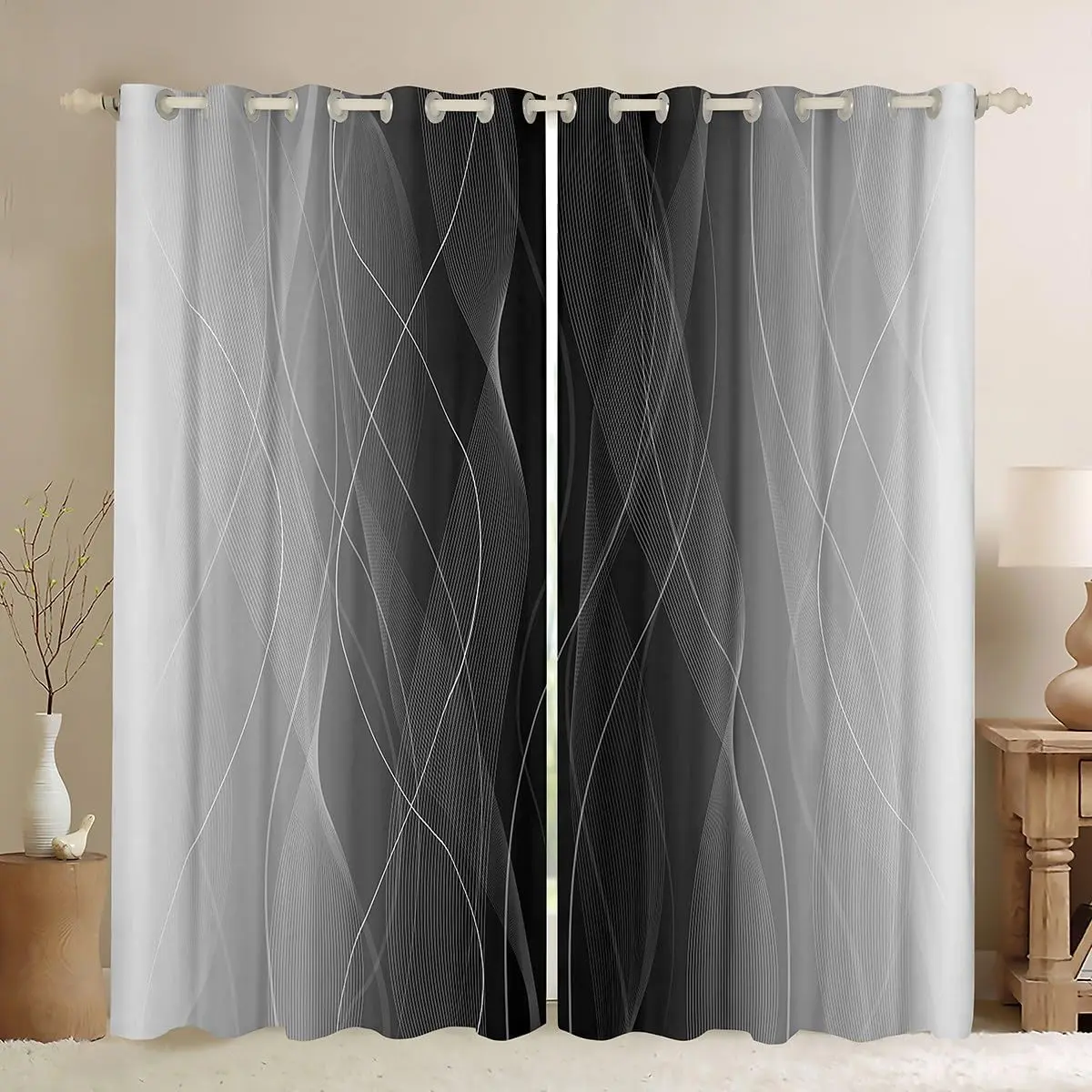 Grommet Velvet Double Blackout Window Curtains - 2-Panel Modern Ombre Grey-Almost Black Stripes, 30%-50% Darkening Cover, Smooth-Sliding Room Decor Treatments (42x63 in), Blackout Window Cover, Room Decor Curtain