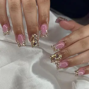 Glitter Bling Rhinestone Decor Fake Nails with Nail File & Tape, Short Square Press on Nails for Women & Girls DIY Nail Art, Elegant Stick on Nails Kit