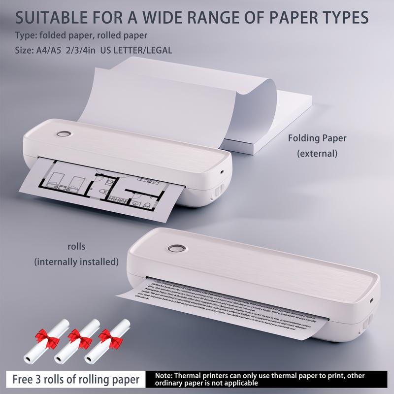Portable Wireless Thermal Printer, Supports 8.5"x11" US Letter & Legal, A4 & A5 Paper, Bluetooth Connectivity with 3 Rolls of Thermal Paper, Compatible with Android, iOS, and Laptops for Office, Home, and Car Use