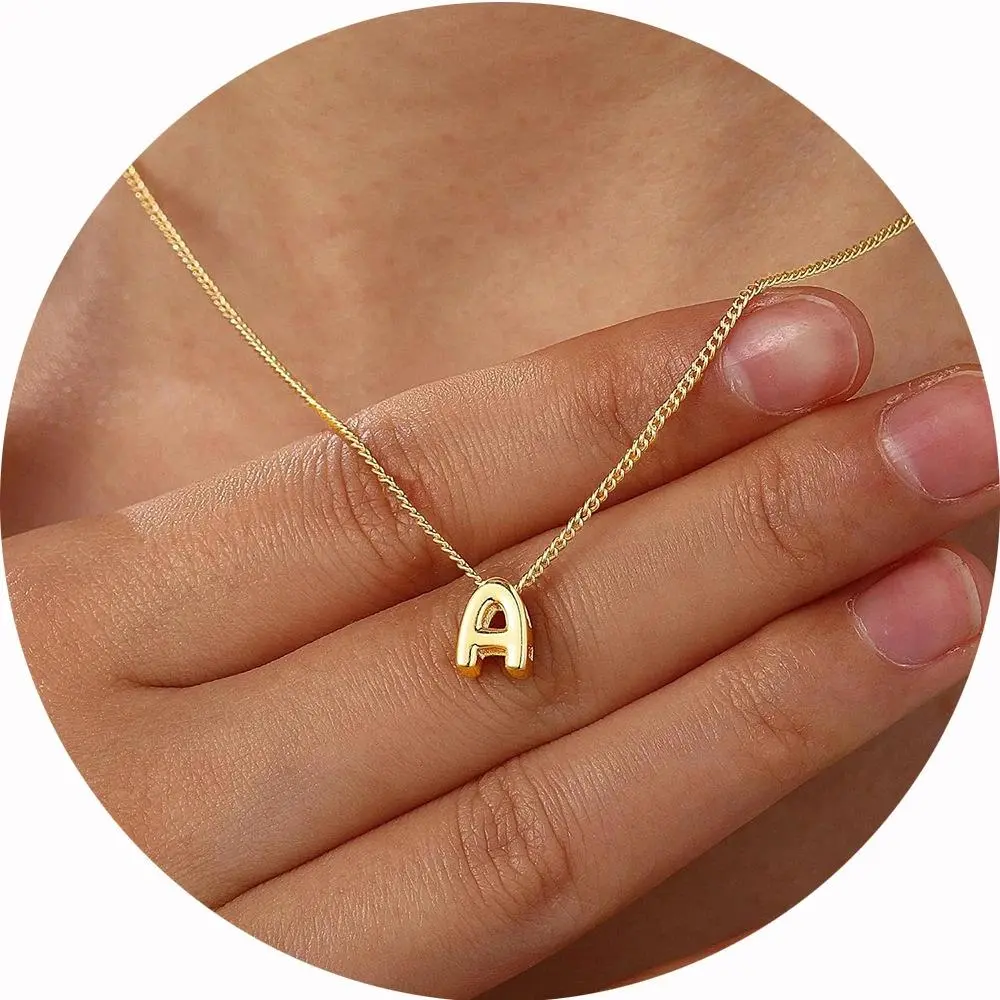 Cute English Letter Initial Necklace 18K Gold Plated  Necklace Puffy Bubble Letter Necklace for Women