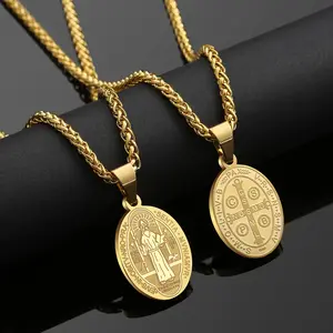 Saint St Michael/Christopher/Jude/Benedict/Joseph/Anthony Medal Pendant Necklace for Men Women Stainless Steel Religious Gift Gold Plated Crucifix Cross Link Chain