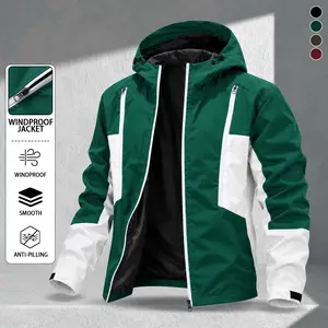 American-style outdoor color-block hooded windbreaker jacket for men, new spring/autumn design with contrasting paneling, windproof outerwear; youthful casual style with multiple zippered pockets; functional open-front cardigan; wear-resistant, water-repe