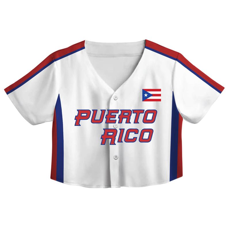 Puerto Rico Baseball Jersey Crop Top – Personalized Name & Number, White Button Up Jersey with Red Blue Stripes and Flag Patch