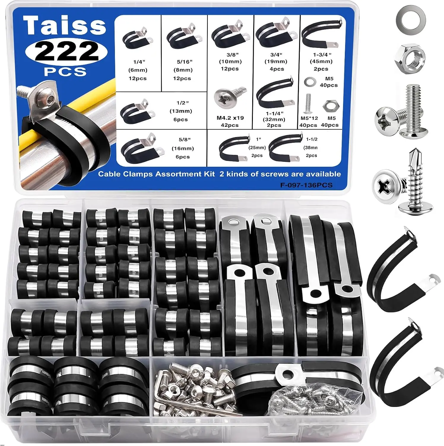 Taiss 222PCS Cable Clamps Assortment Kit 304 Stainless Steel Rubber Cushion Pipe Clamps 10 Sizes 1/4" 5/16" 3/8" 1/2" 5/8" 3/4" 1" 1-1/4" 1-1/2" 1-3/4" Metal Wire Clamps (With two kinds of screws)