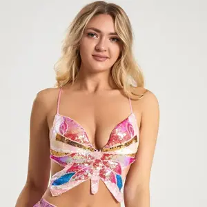 2025 Summer Women’s  Butterfly Crop Top - Nightclub, Party & Festival Belly Dance Performance Outfit