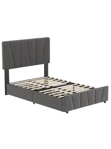Linen Upholstered Twin Size Platform Bed Frame - Adjustable Headboard, 2 Storage Drawers, Wooden Slat Support, No Box Spring Needed, Dark Grey