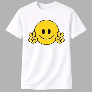 Happy Smiley Face Tee with Peace Hands – Trendy Cute Graphic T-Shirt | Aesthetic Unisex Streetwear for Men and Women by Ms Lauren Charles