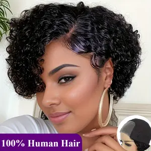 NEW Arrived Fashionable [Natural Black Wig] Human Hair Short Curly Bob Wig |   Lace Frontal 4X4 Pre Cut HD Lace Natural Black Wig Preplucked Hairline Breath Cap for Women 8-16 inch