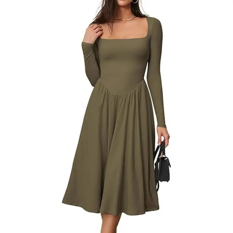 Women Spring Fashion 2025 Square Neck Long Sleeve Casual A-Line Midi Dress  - TikTok Shop