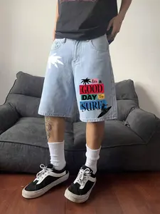 Y2K Baggy Light Wash Denim Jorts for Men/Women | Oversized Knee Length Streetwear Casual Street Shorts with Colorful Graphic Print | Retro Summer Skater Outfits