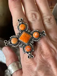 Apache Sterling Silver and Orange Spiny Oyster Shell 4 Direction Ring by Rosella Paxson, Size 10