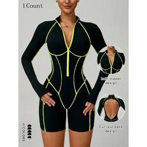 Women's Neon Striped Print Zipper Back Sports Romper, Casual Comfy Breathable Sleeveless Bodysuit for Yoga Gym Workout Running, Ladies Sportswear for All Seasons