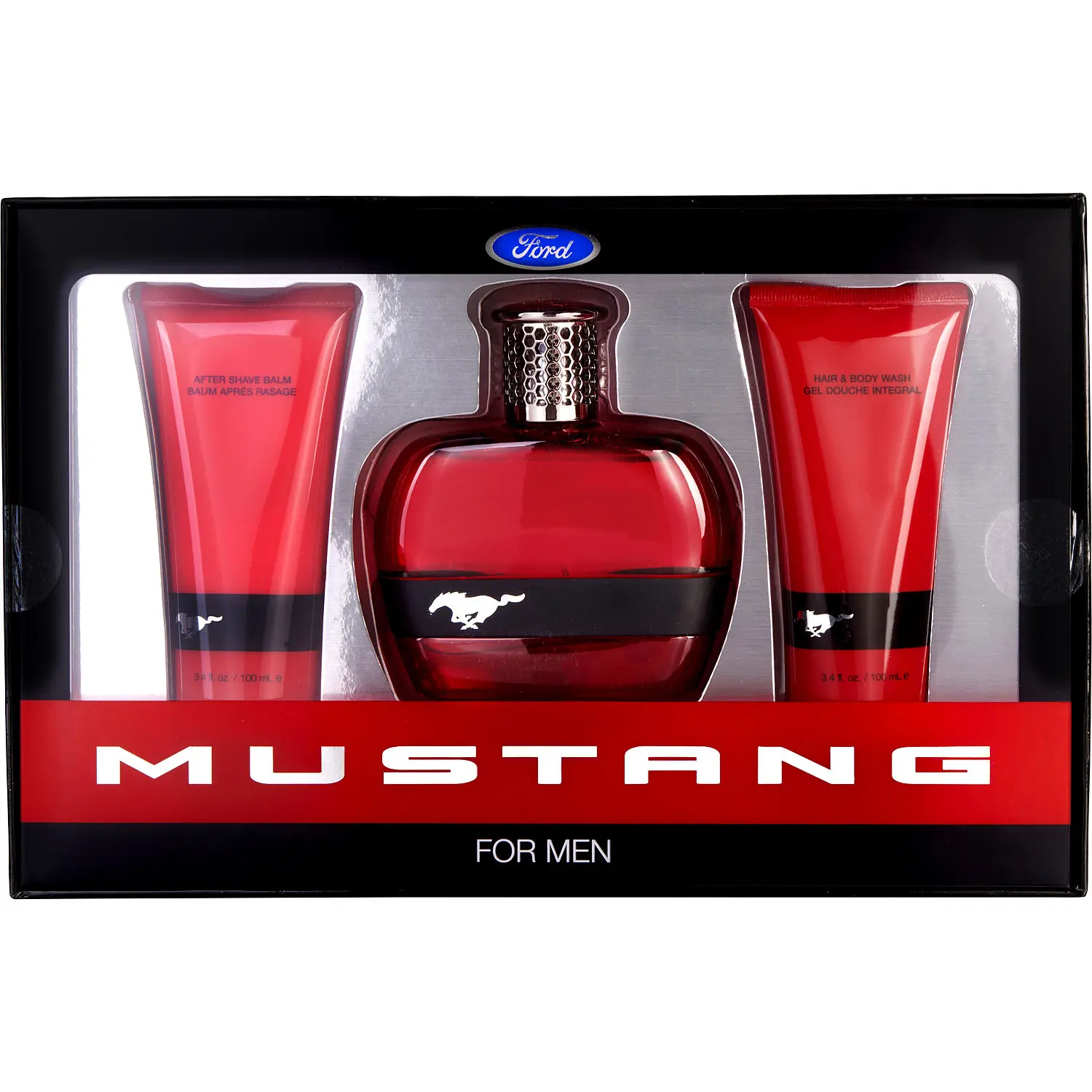 Ford Mustang Red Set-Edt Spray 3.4 Oz & Hair And Body Wash 3.4 Oz & Aftershave Balm 3.4 Oz For Men