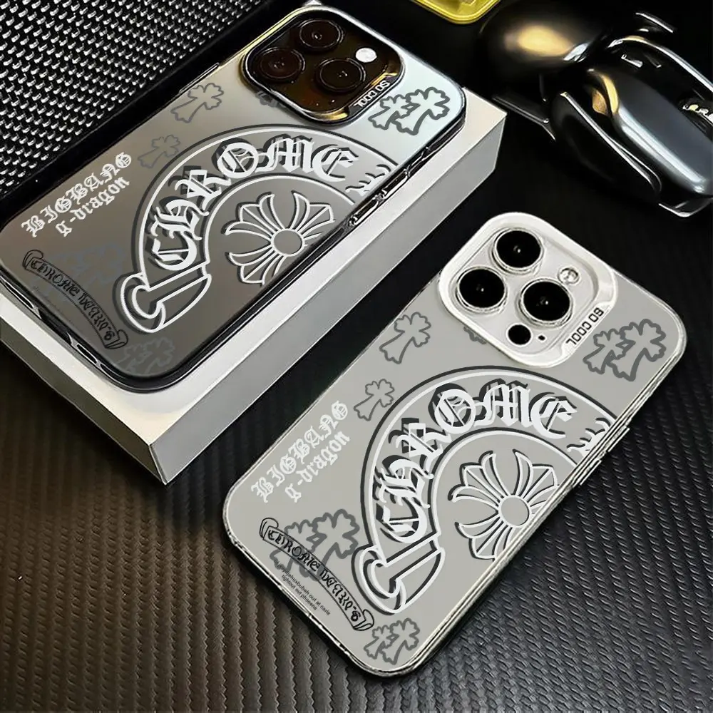 Trendy Y2K Gothic Cross Old English Typography Silver Metallic Mirror Phone Case