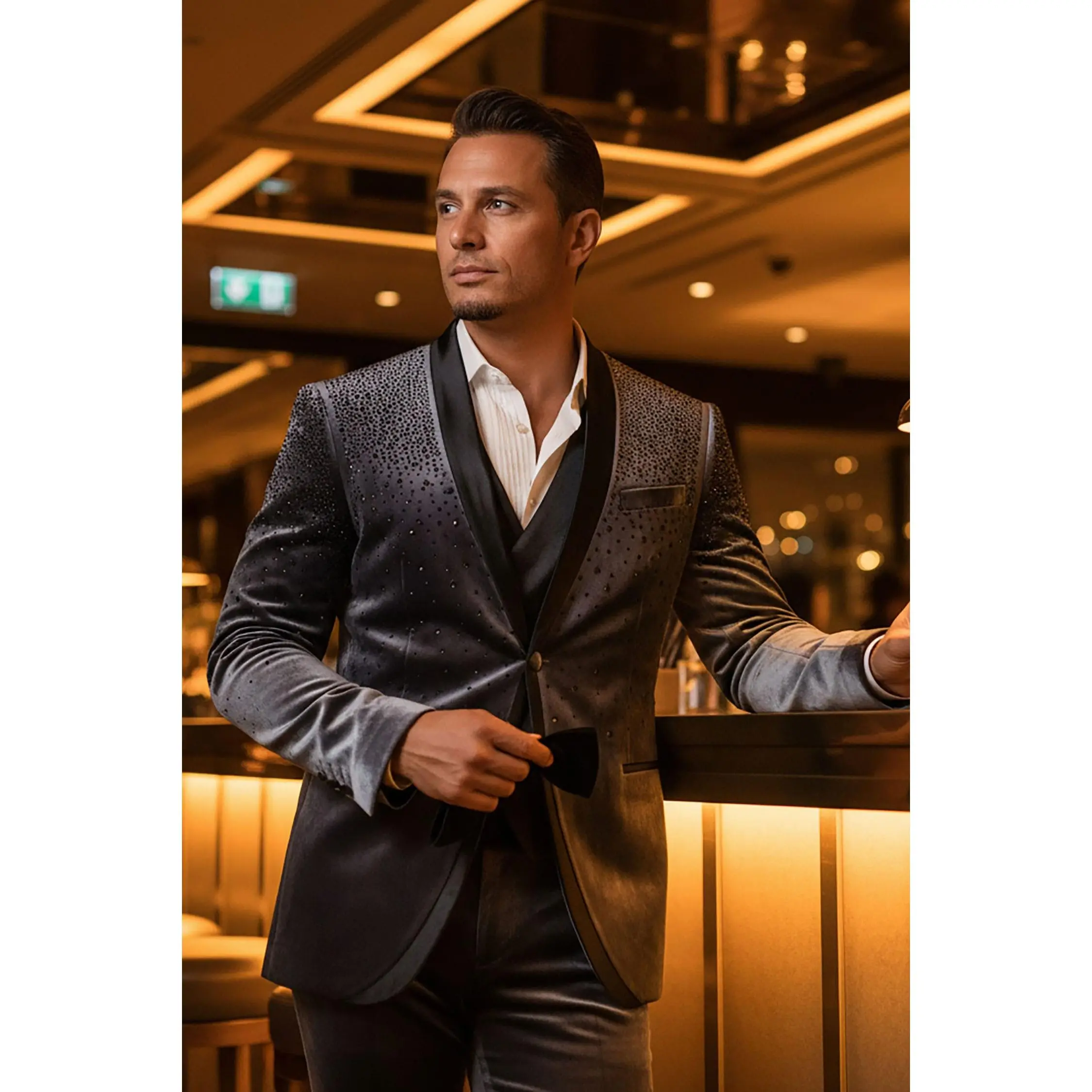 Glitterhod Velvet Rhinestone Suit - Blazer, Long Sleeve, Slim Fit, Pocket, Stylish Menswear with Velvet Fabric Belt Vest Formal Biker Spandex Workwear