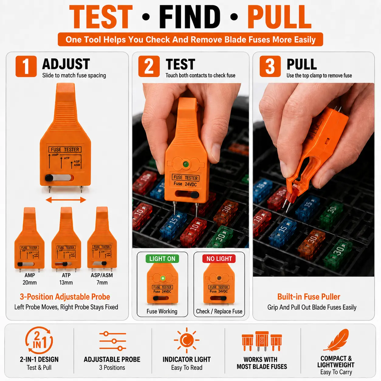 2 In 1 Car Fuse Tester And Puller, 24V DC Adjustable Probes Fuse Checker Tool, LED IndicatorQuick Test Blown Fuses, Automotive Fuse Removal Tool For Car Truck RV Circuit Repair, FitsMost Standard Auto Fuses