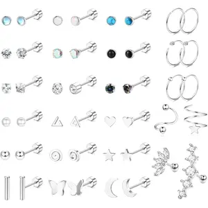 THUNARAZ 46-Piece Unisex CZ-Embellished Star, Moon, Heart Thin Stud Earrings, 20G Hypoallergenic Steel Flat Back, Screw Back Hoops for Cartilage, Tragus Piercings, Daily Wear, Christmas Gift