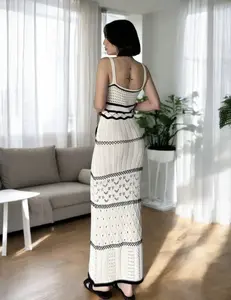 New Crochet Knit Maxi Dress Women Sleeveless Hollow Out Sheer Long Dress