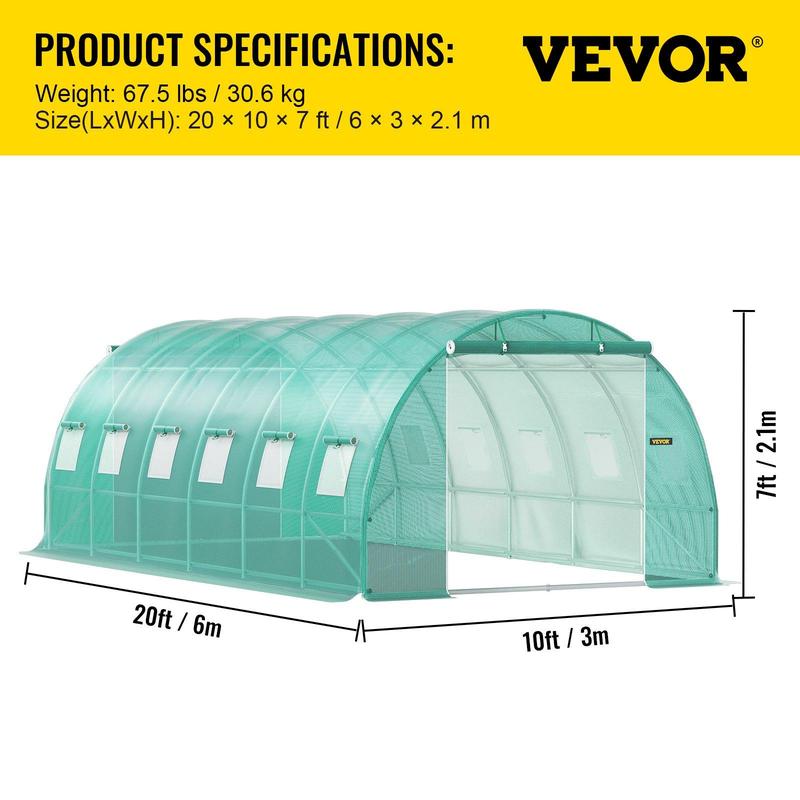 VEVOR Walk-in Tunnel Greenhouse, Portable Plant Hot House w/ Galvanized Steel Hoops, Top Beams, Diagonal Poles, Zippered Doors & Roll-up Windows