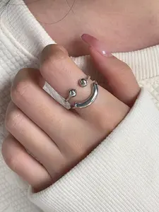 Sweet Fashion Dual-Layer Open Ring, Double Finger Ring, Smiley Design, Daily Wear Accessory, Women's Stylish Jewelry, Perfect for Everyday Use
