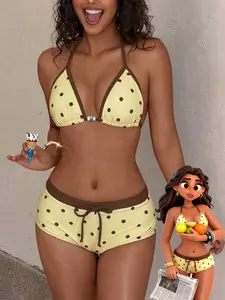 HIBOMARI Women's Retro Yellow Polka Dot Print Contrast Color Bikini Swimwear Set Suitable For Outing Birthday Casual Y2K Beach Outfit Summer