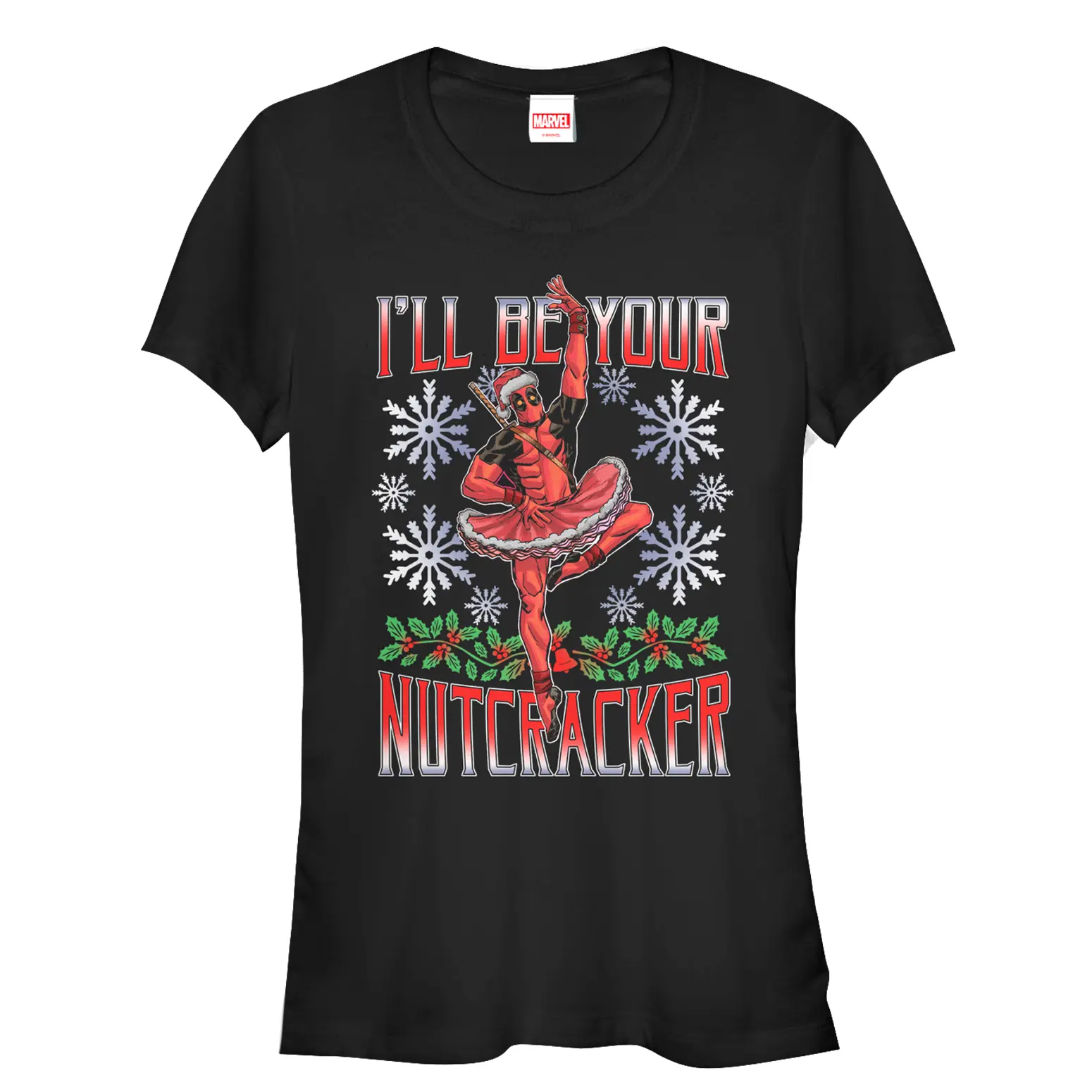 Juniors Womens Marvel Christmas Deadpool Nutcracker T-Shirt