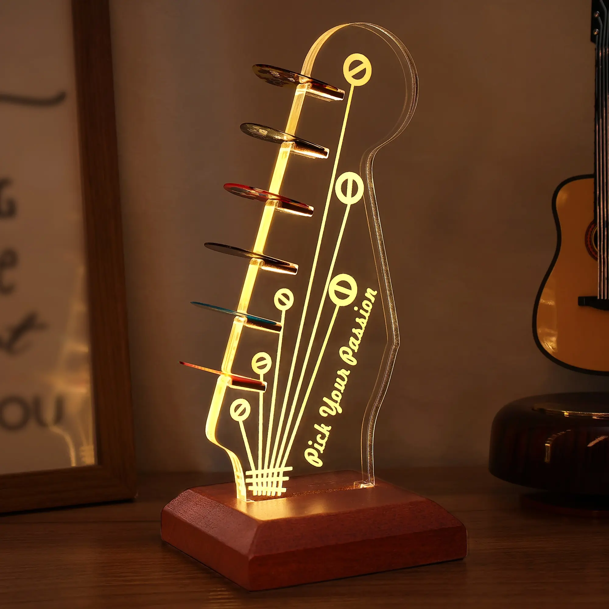 Light Up Guitar Pick Holder - Electric Guitar Headstock Shaped Acrylic & Wooden USB Powered Display Case - Guitar Accessories Gift for Players/Men (Picks Storage Organizer),Christmas Gift New Year Gift