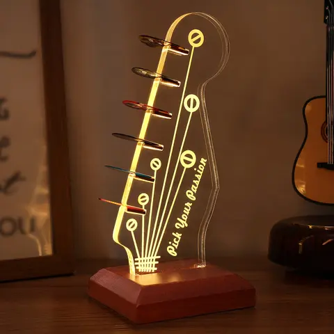 COOLGIFT MART Light Up Guitar Pick Holder - Scratch-Safe Acrylic & Wooden USB-Plug-in Light Organizer for Electric Guitar Headstock, Fashionable Complete Pick Storage, Birthday Gift for Boyfriend,familyfun
