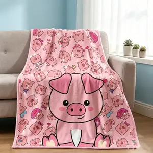 Cute Big Pink Pig with Mini Pig Pattern Flannel Throw Blanket, Kawaii Cartoon Animal All Over Print Soft Plush Bed Blanket, Pink Base Cozy Nap Blanket for Girls Bedroom Decor & Animal Lover Gift