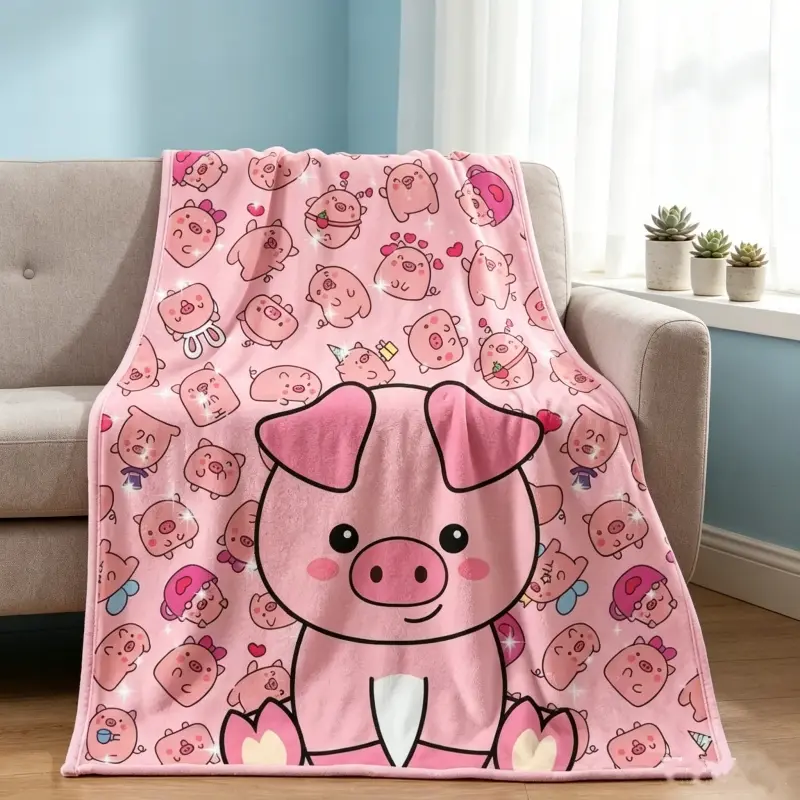 Cute Big Pink Pig with Mini Pig Pattern Flannel Throw Blanket, Kawaii Cartoon Animal All Over Print Soft Plush Bed Blanket, Pink Base Cozy Nap Blanket for Girls Bedroom Decor & Animal Lover Gift