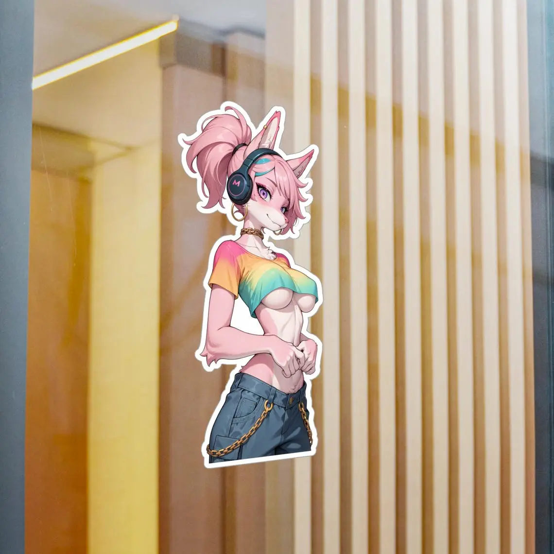DJ Furry Vinyl Sticker, Anthro, Cute Vixen Girl, Pink Furry, Anime Animal Girl Vinyl Sticker, Wolf Anthro Furry, Anime Animal Cute Girl Decal, Kawaii Vinyl Sticker for Waterproof Sticker for Water Bottle, Laptop, Fan Gift
