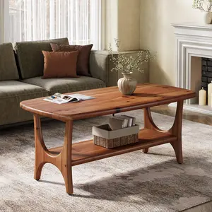Tribewood Solid Wood Coffee Table for Living Room, Mid-Century Modern 2-Tier Rectangle Design
