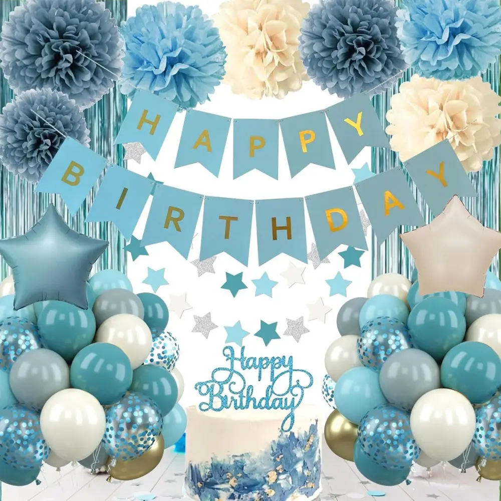 Blue Galaxy Star Light Party Decoration Set - Reusable Sequins, Space Element Supplies, 43 Birthday Balloons, Balloon Chain, Happy Birthday Banner, Fringe Curtain Background, Blue Pom Poms, Ivory Accents for Baby Boys