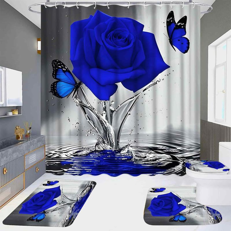 1/4pcs Watercolor Rose Shower Curtain Set - Includes Non-Slip Bathroom Mat, Toilet U-Shaped Pad, Toilet Seat Cover, Decor & Bathtub Divider with 12 Hooks Perfect for Housewarming & Christmas Gifts