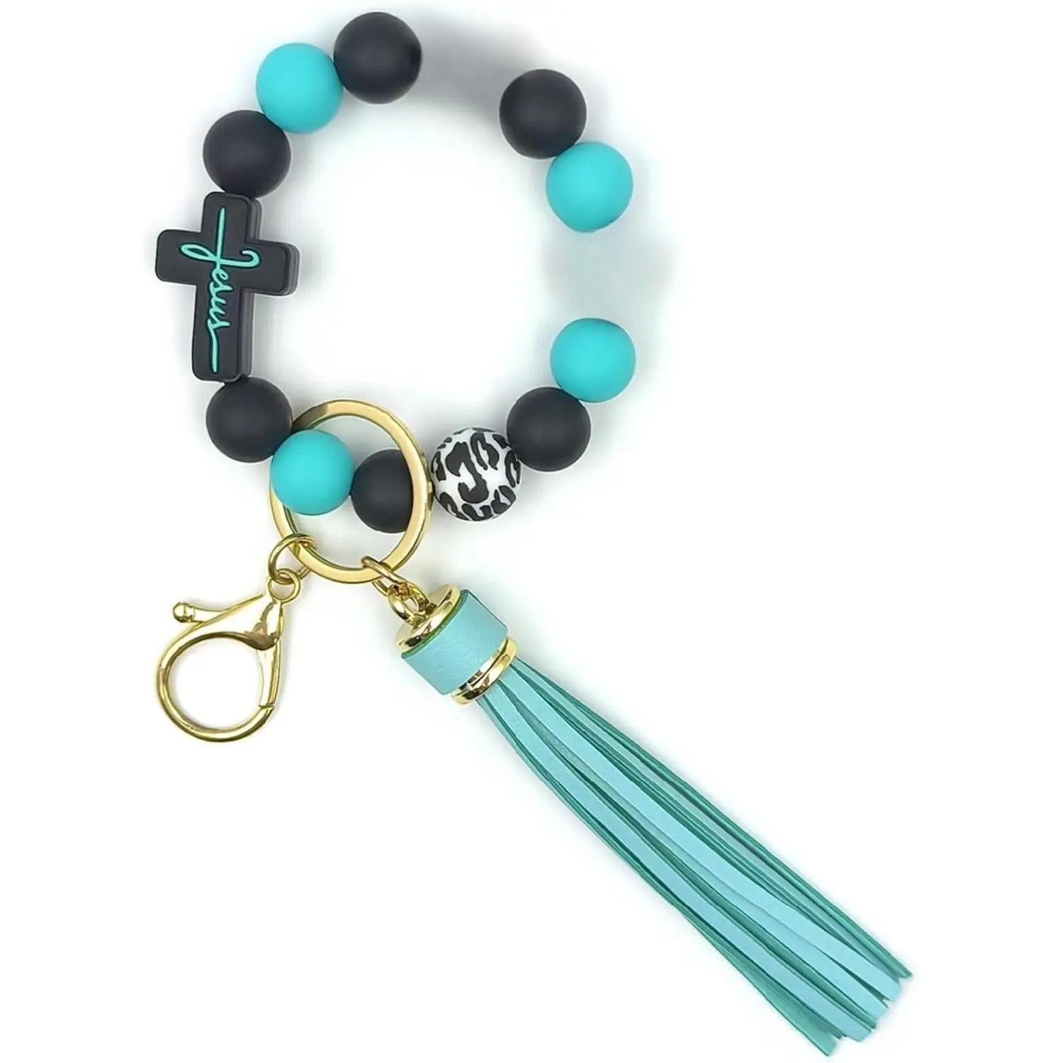 Silicone Beaded Wristlet Keychain for Women, Hands-Free Stretchy Bracelet, Fashion Keychain Jewelry with Tassel & Cross Charm
