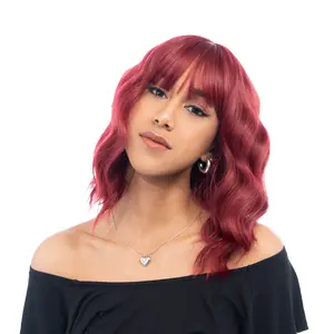 14-Inch Solid Smokey Cherry Maroon Red Wavy Synthetic Wig | 【Heat Resistant】【Cap Included】 | #3 FSGB