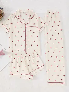 Women's 3-Piece Bubble Pleated Home Pajama Set Pyjamas, Cherry Print Short Sleeve Open Front Top, Shorts & Pants Sleepwear, Loungewear, Casual All Seasons Pjs