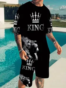 Men's Printed Short Sleeve T-Shirt + Shorts Set, Casual Sports Style, Bottom Silver Color Crown Lion Pattern, Summer 3D Print