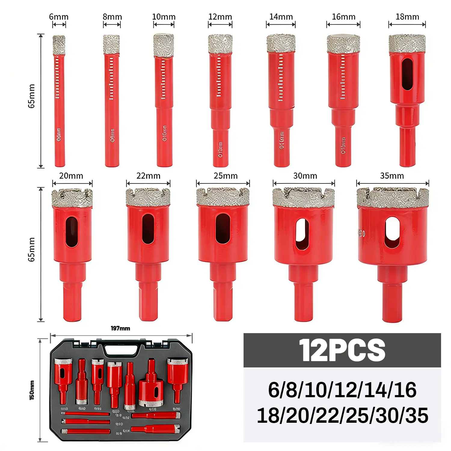 Tile Drill Bits Set,Porcelain Hole Saw, Cutter for Marble Ceramic Granite 12pieces(6/8/10/12/14/16/18/20/22/25/30/35mm)