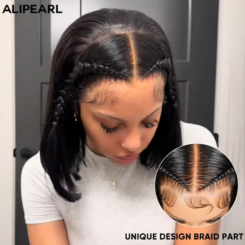 AliPearl Wigs Pre Braided Straight Gluless Wig 13x4 Lace Front Wig Short Bob 180% Density Human Hair Pre Cut Pre Plucked Lace