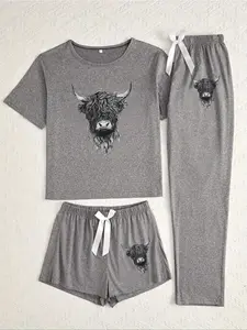 Women's Sleepwear Set, Highland Cow Print, Fitted Design, Casual Style, All Seasons, Moderate Fabric Thickness