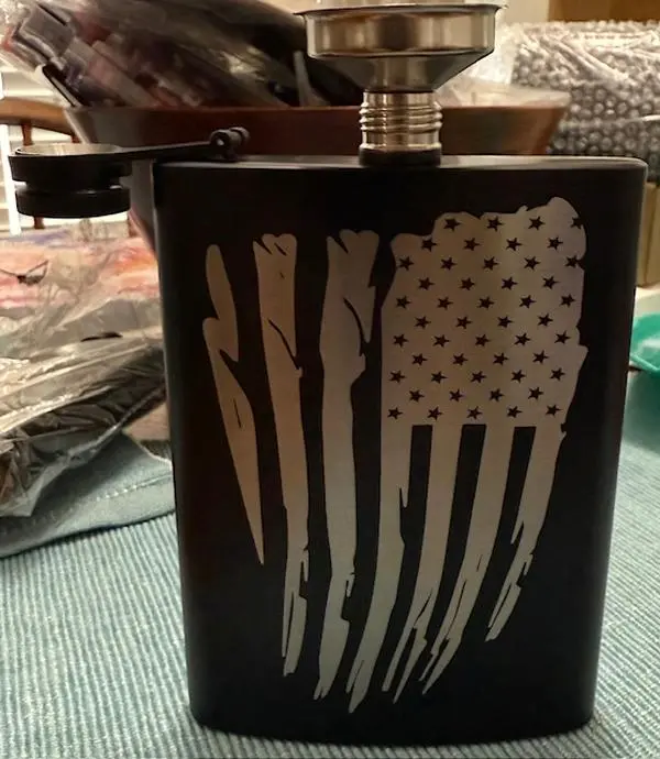 8oz Distressed Flag Flask for Whiskey and Bourbon Lovers with American Flag Design and Black Finish