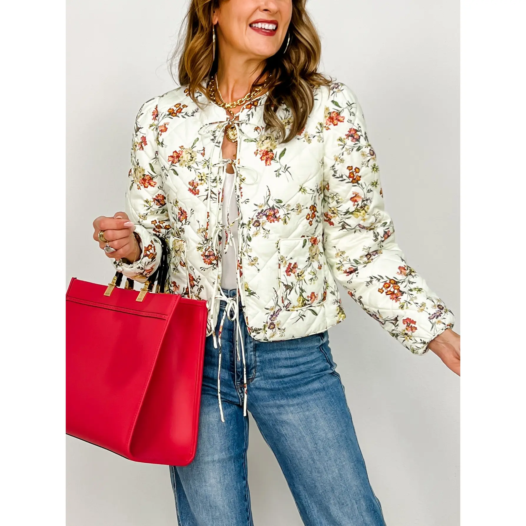 Floral Print Quilted Diamond Pattern Jacket